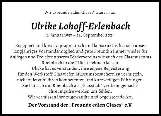 Anzeige von Ulrike Lohoff-Erlenbach von Kölner Stadt-Anzeiger / Kölnische Rundschau / Express