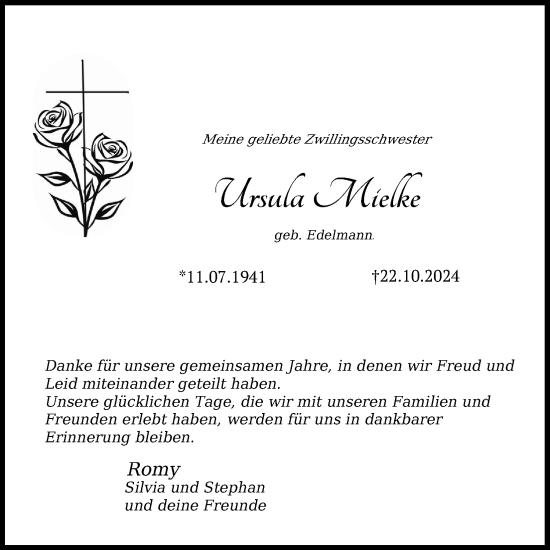 Anzeige von Ursula Mielke von Kölner Stadt-Anzeiger / Kölnische Rundschau / Express