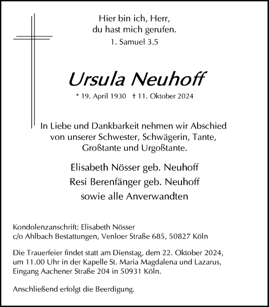 Anzeige von Ursula Neuhoff von Kölner Stadt-Anzeiger / Kölnische Rundschau / Express