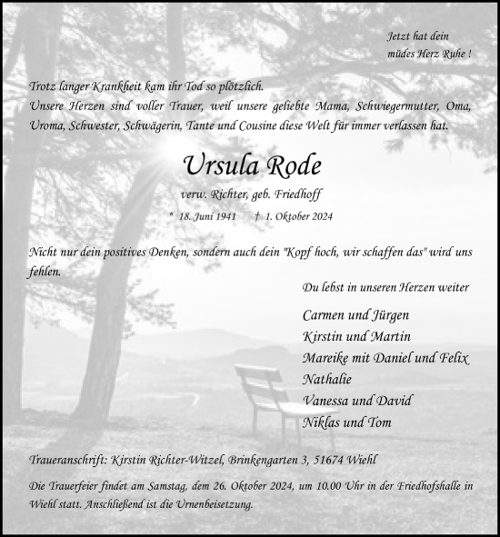Anzeige von Ursula Rode von  Anzeigen Echo 