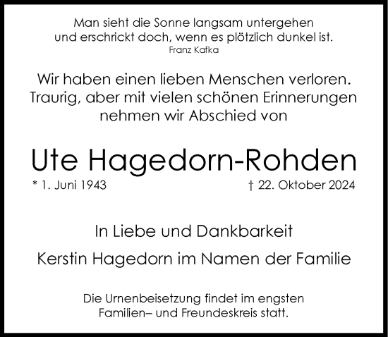 Anzeige von Ute Hagedorn-Rohden von  Schlossbote/Werbekurier 