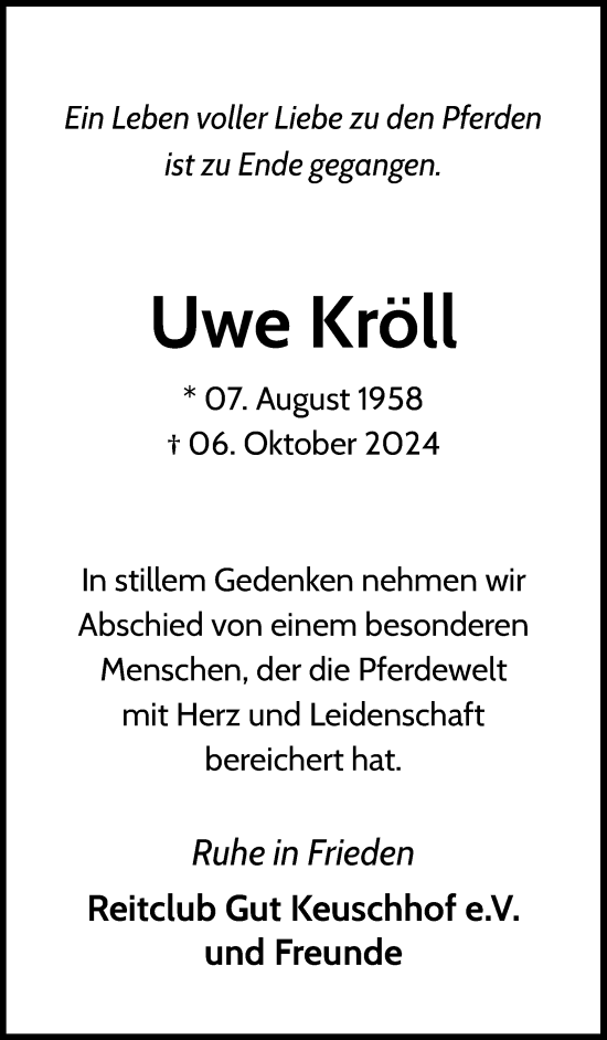 Anzeige von Uwe Kröll von Kölner Stadt-Anzeiger / Kölnische Rundschau / Express