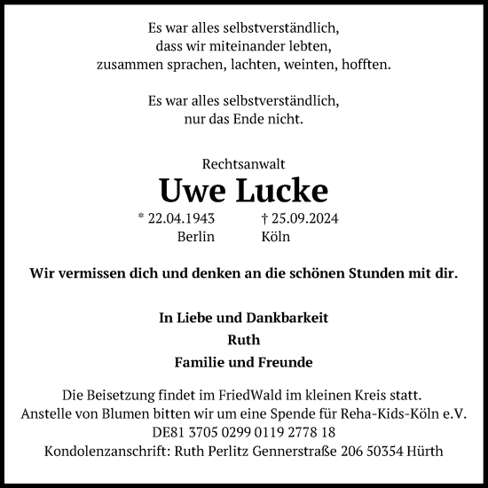 Anzeige von Uwe Lucke von Kölner Stadt-Anzeiger / Kölnische Rundschau / Express