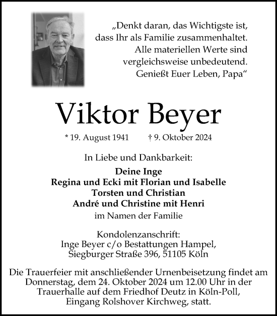 Anzeige von Viktor Beyer von Kölner Stadt-Anzeiger / Kölnische Rundschau / Express