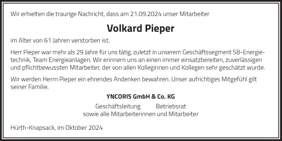 Anzeige von Volkard Pieper von  Wochenende  Schlossbote/Werbekurier  Werbepost 
