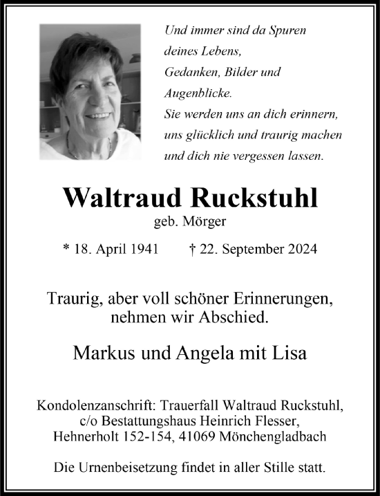 Anzeige von Waltraud Ruckstuhl von  Bergisches Handelsblatt 