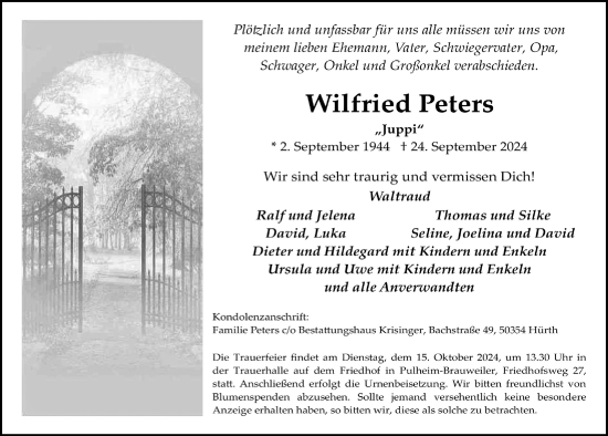 Anzeige von Wilfried Peters von  Wochenende 