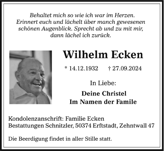 Anzeige von Wilhelm Ecken von  Werbepost 