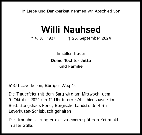 Anzeige von Willi Nauhsed von Kölner Stadt-Anzeiger / Kölnische Rundschau / Express