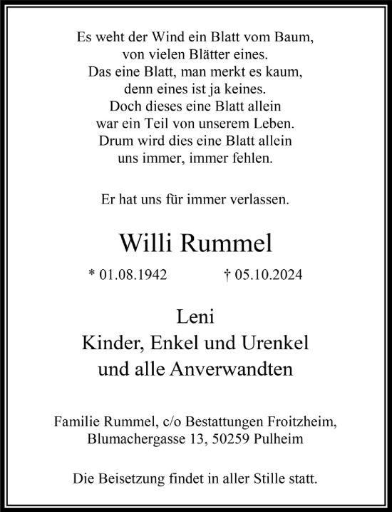 Anzeige von Willi Rummel von  Wochenende 