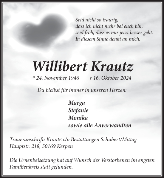 Anzeige von Willibert Krautz von  Werbepost 