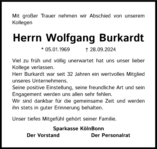 Anzeige von Wolfgang Burkardt von Kölner Stadt-Anzeiger / Kölnische Rundschau / Express