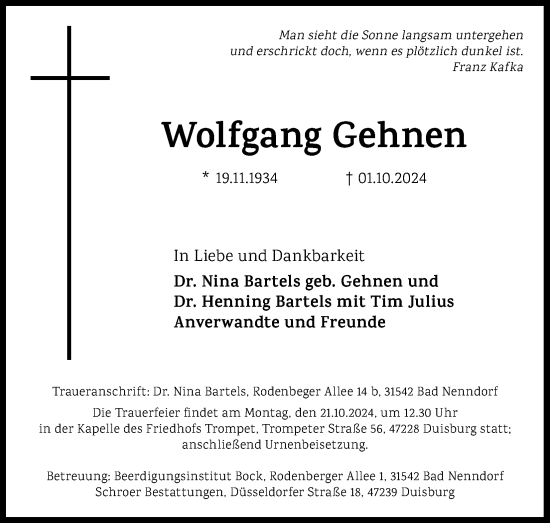 Anzeige von Wolfgang Gehnen von Kölner Stadt-Anzeiger / Kölnische Rundschau / Express