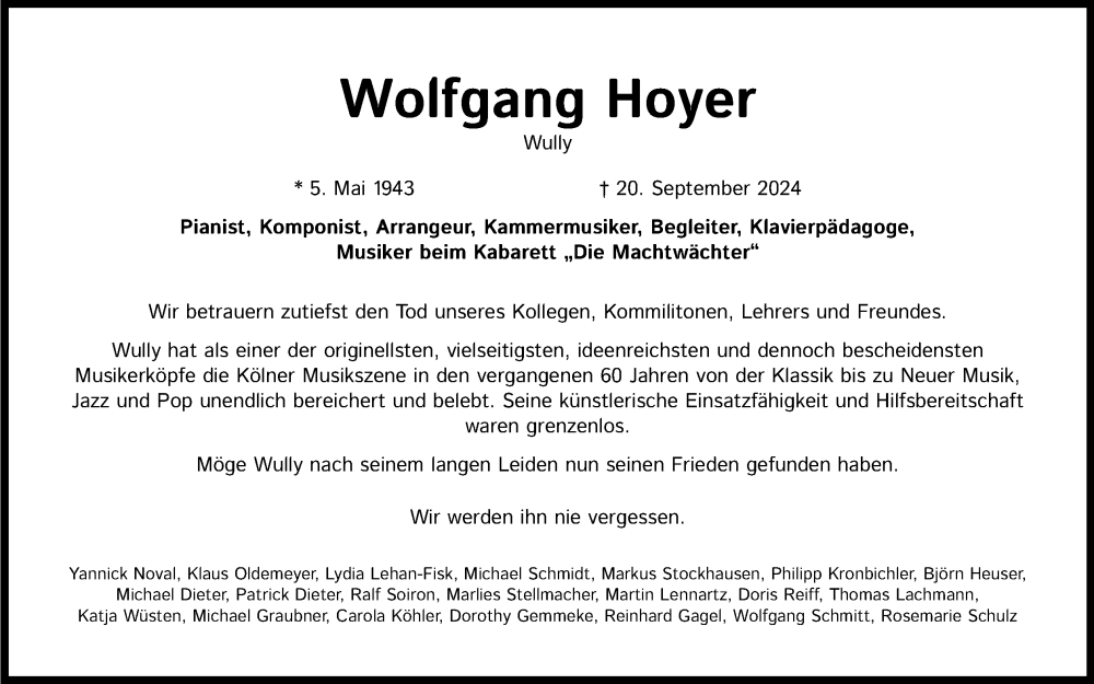  Traueranzeige für Wolfgang Hoyer vom 05.10.2024 aus Kölner Stadt-Anzeiger / Kölnische Rundschau / Express