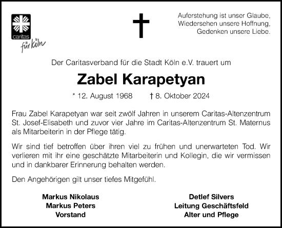 Anzeige von Zabel Karapetyan von Kölner Stadt-Anzeiger / Kölnische Rundschau / Express
