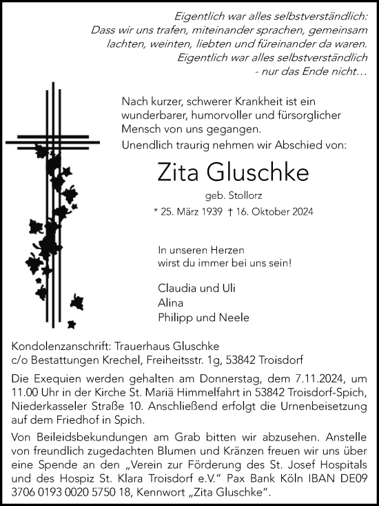 Anzeige von Zita Gluschke von Kölner Stadt-Anzeiger / Kölnische Rundschau / Express