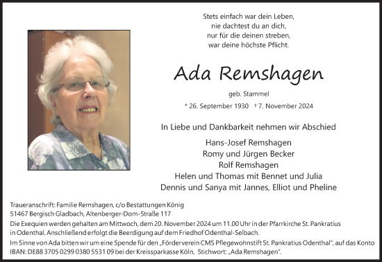 Anzeige von Ada Remshagen von Kölner Stadt-Anzeiger / Kölnische Rundschau / Express