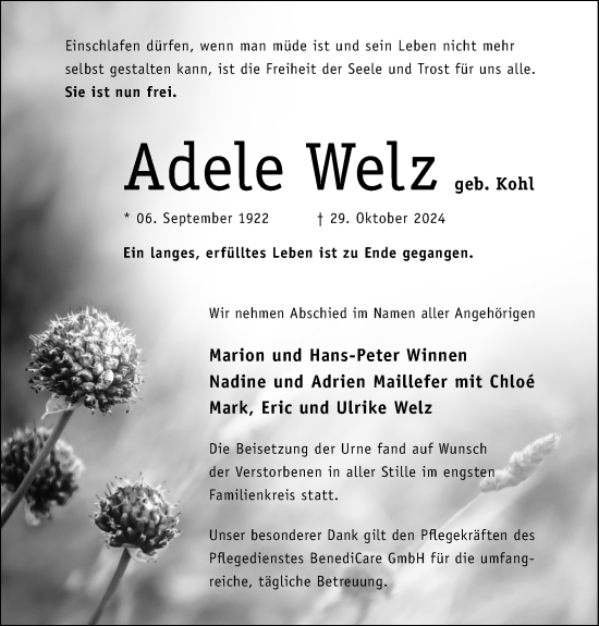 Anzeige von Adele Welz von Kölner Stadt-Anzeiger / Kölnische Rundschau / Express