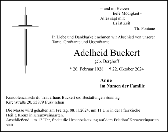 Anzeige von Adelheid Buckert von  Blickpunkt Euskirchen 