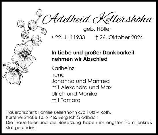Anzeige von Adelheid Kellershohn von Kölner Stadt-Anzeiger / Kölnische Rundschau / Express