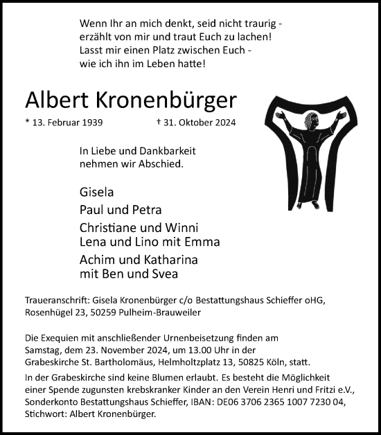 Anzeige von Albert Kronenbürger von Kölner Stadt-Anzeiger / Kölnische Rundschau / Express