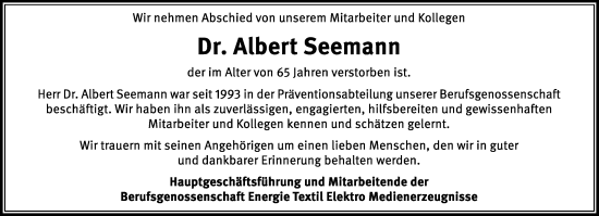 Anzeige von Albert Seemann von Kölner Stadt-Anzeiger / Kölnische Rundschau / Express