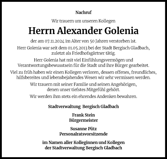 Anzeige von Alexander Golenia von Kölner Stadt-Anzeiger / Kölnische Rundschau / Express