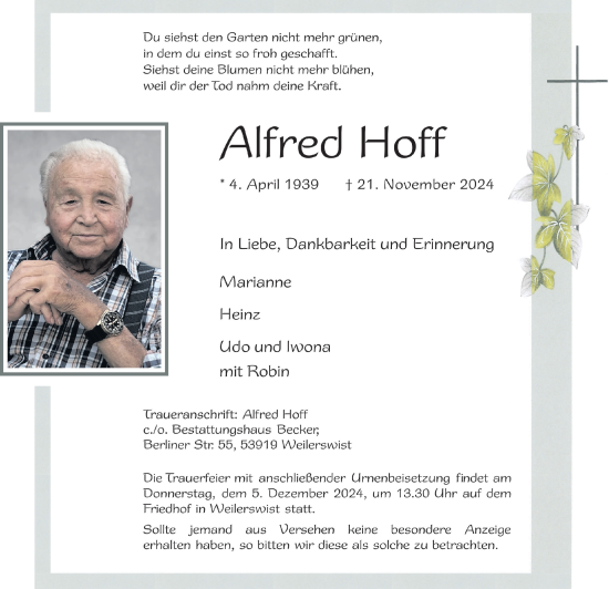 Anzeige von Alfred Hoff von  Blickpunkt Euskirchen 