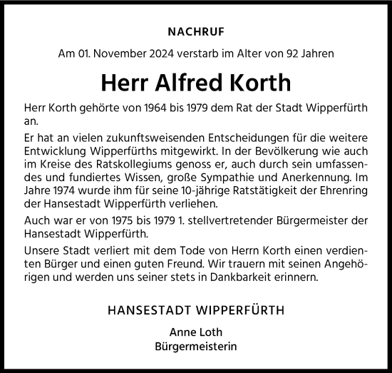 Anzeige von Alfred Korth von Kölner Stadt-Anzeiger / Kölnische Rundschau / Express