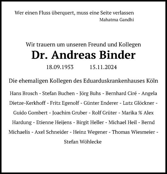 Anzeige von Andreas Binder von Kölner Stadt-Anzeiger / Kölnische Rundschau / Express