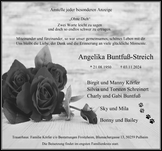 Anzeige von Angelika Buntfuß-Streich von  Wochenende 