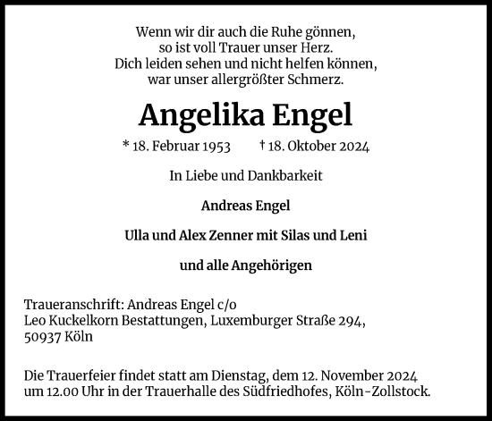 Anzeige von Angelika Engel von Kölner Stadt-Anzeiger / Kölnische Rundschau / Express