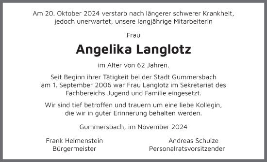 Anzeige von Angelika Langlotz von  Anzeigen Echo 