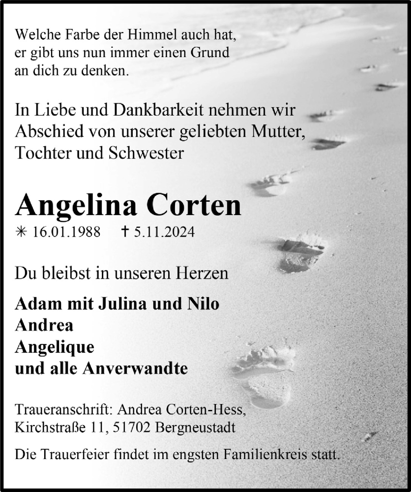  Traueranzeige für Angelina Corten vom 15.11.2024 aus  Anzeigen Echo 