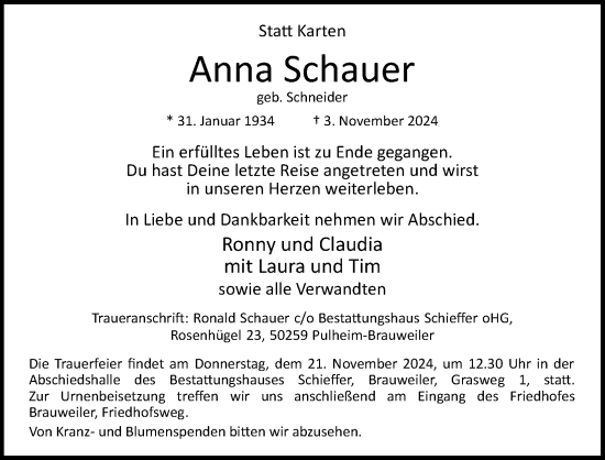 Anzeige von Anna Schauer von Kölner Stadt-Anzeiger / Kölnische Rundschau / Express