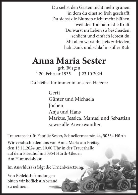 Anzeige von Anna Maria Sester von  Wochenende 