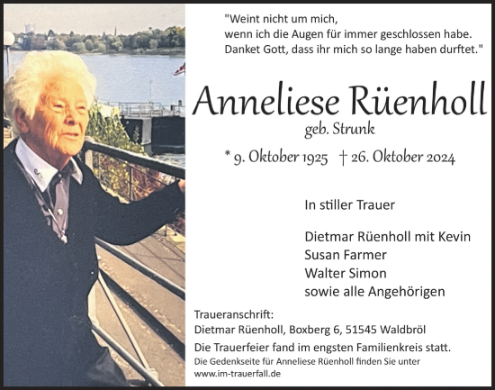 Anzeige von Anneliese Rüenholl von  Lokalanzeiger 
