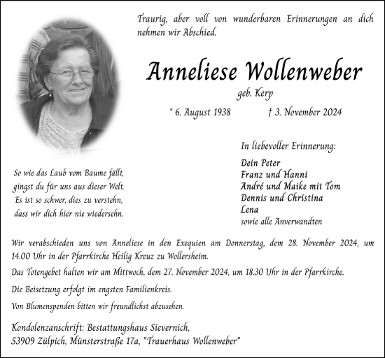 Anzeige von Anneliese Wollenweber von  Blickpunkt Euskirchen 