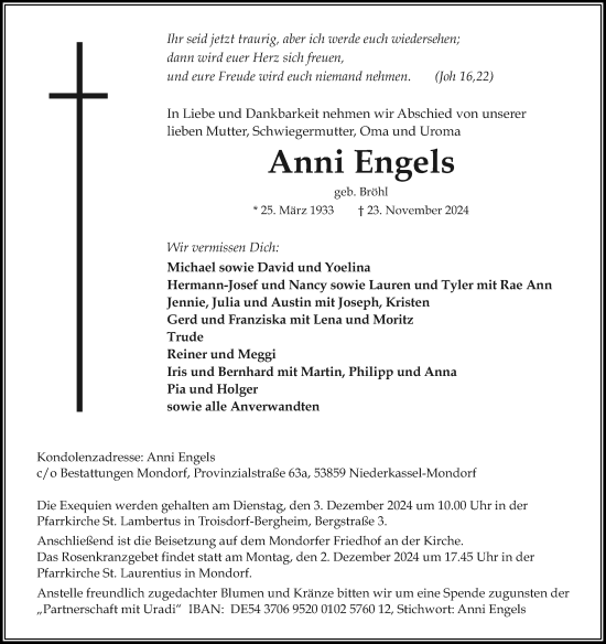 Anzeige von Anni Engels von Kölner Stadt-Anzeiger / Kölnische Rundschau / Express
