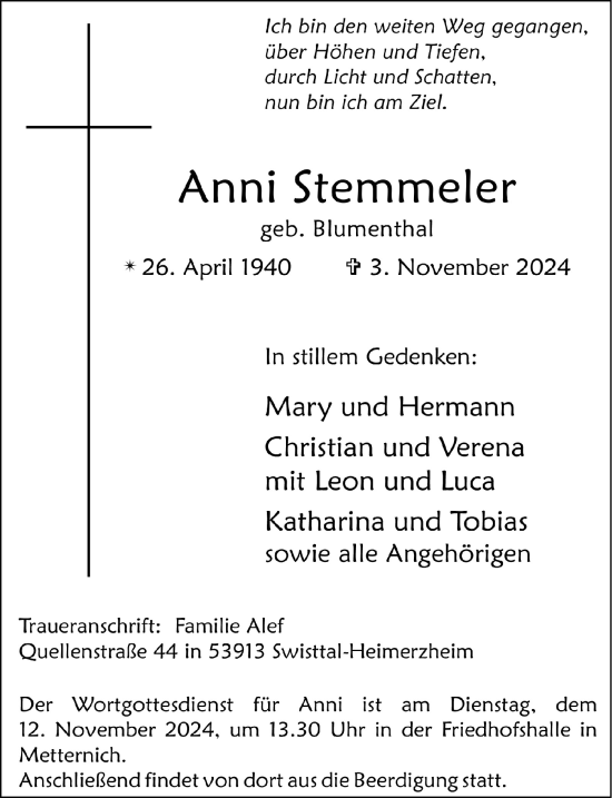 Anzeige von Anni Stemmeler von  Blickpunkt Euskirchen 