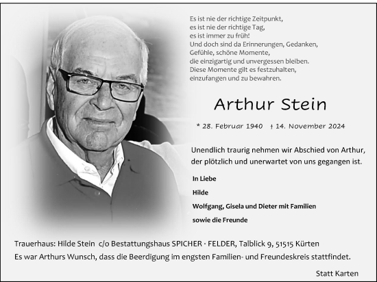 Anzeige von Arthur Stein von Kölner Stadt-Anzeiger / Kölnische Rundschau / Express