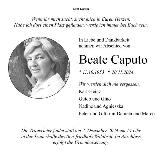 Anzeige von Beate Caputo von  Lokalanzeiger 