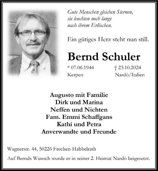 Anzeige von Bernd Schuler von  Wochenende 