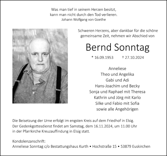 Anzeige von Bernd Sonntag von  Blickpunkt Euskirchen 