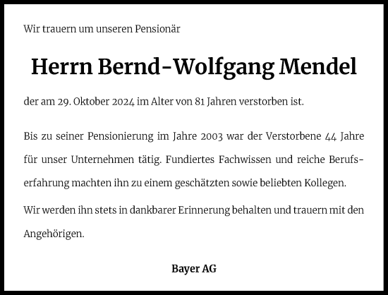 Anzeige von Bernd-Wolfgang Mendel von Kölner Stadt-Anzeiger / Kölnische Rundschau / Express