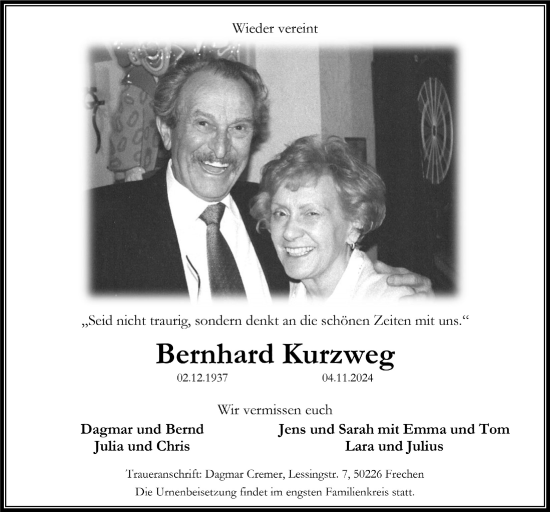 Anzeige von Bernhard Kurzweg von  Wochenende 