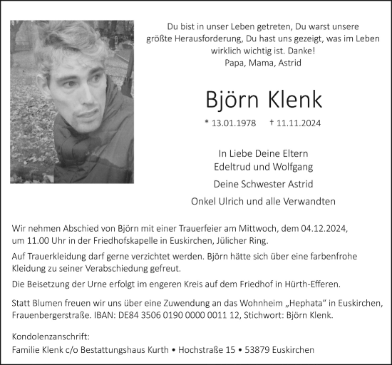 Anzeige von Björn Klenk von  Wochenende 