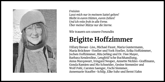 Anzeige von Brigitte Hoffzimmer von Kölner Stadt-Anzeiger / Kölnische Rundschau / Express