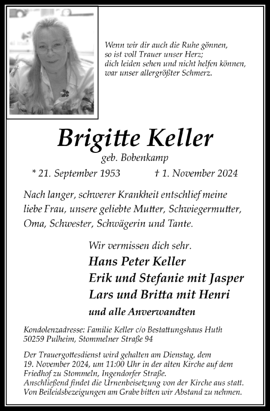 Anzeige von Brigitte Keller von  Wochenende 