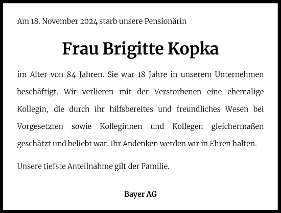 Anzeige von Brigitte Kopka von Kölner Stadt-Anzeiger / Kölnische Rundschau / Express